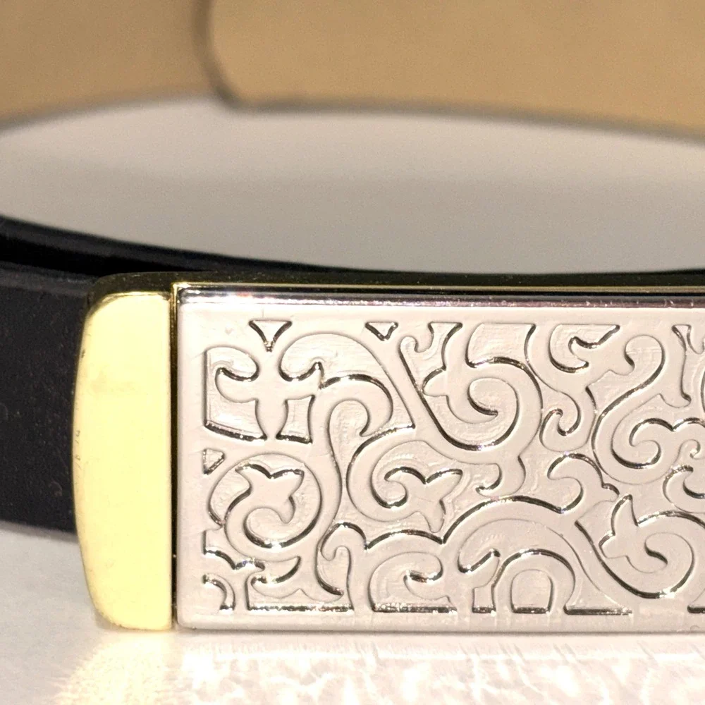 Black Skinny Belt Mixed Metal Silver Gold Filigree Plaque Buckle Medium 32-38